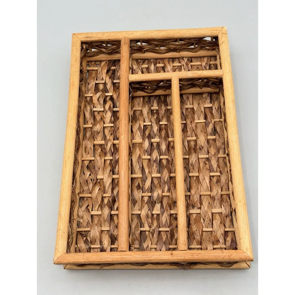 Vintage Woven Wicker Rattan Flatware Organizer Tray 4 Compartment Bamboo 12